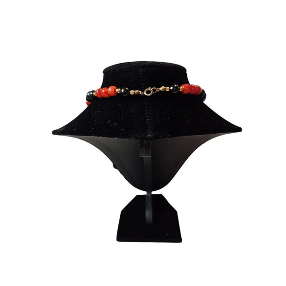 Red Swirl And Black Beaded Plastic Vtg Necklace Clamp Closure 23 Inches - Picture 3 of 5